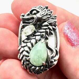 Jade of Yesteryear Womens Ring Sterling Silver Green Jade Dragon Size 6.5